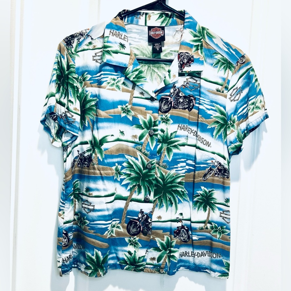 Rare Vintage Harley Davidson Motorcycle x Tori Richards Hawaiian women’s shirt